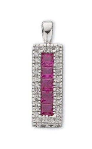 9ct White Gold Ruby and Diamond Rectangular Pendant