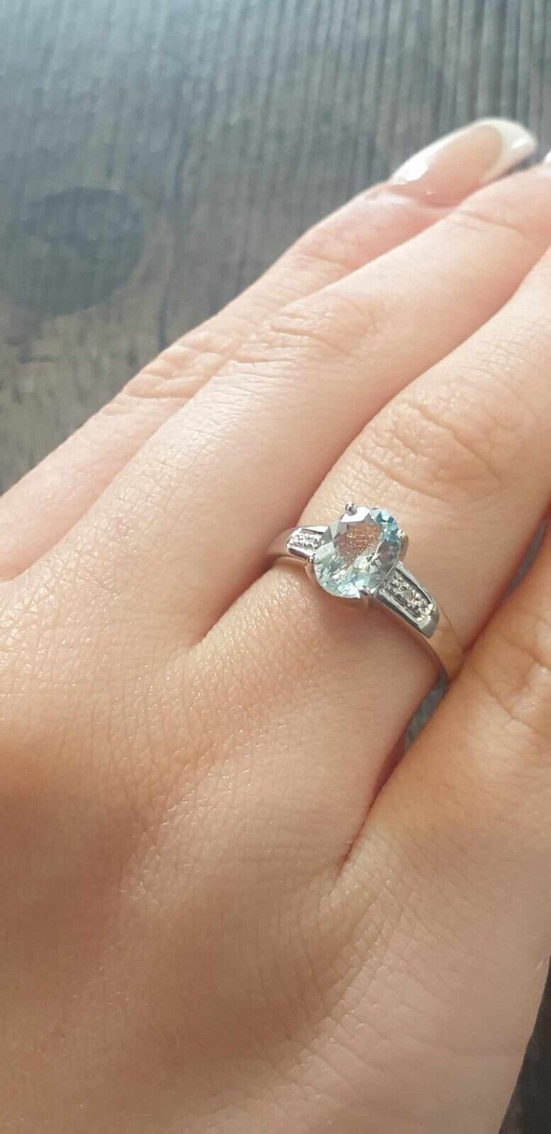 Real Aquamarine and Diamond Ring Solid White Gold Oval Solitaire Size J - Q