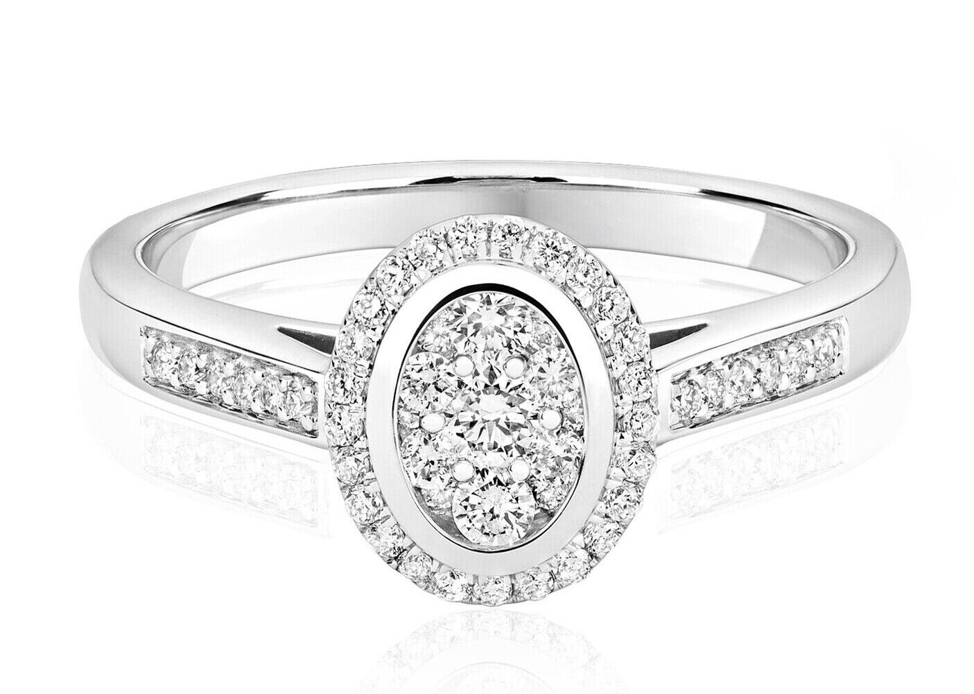 Real Diamond Halo Engagement Ring 9ct White Gold Oval Cluster 0.33 Carat Weight