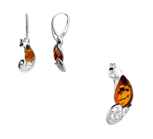 Cognac Amber Sitting Cat Pendant and Earrings Set Solid Sterling Silver 925