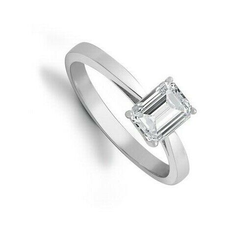 Real Emerald Cut Diamond Solitaire Ring 18ct White Gold 0.75 Carat Weight