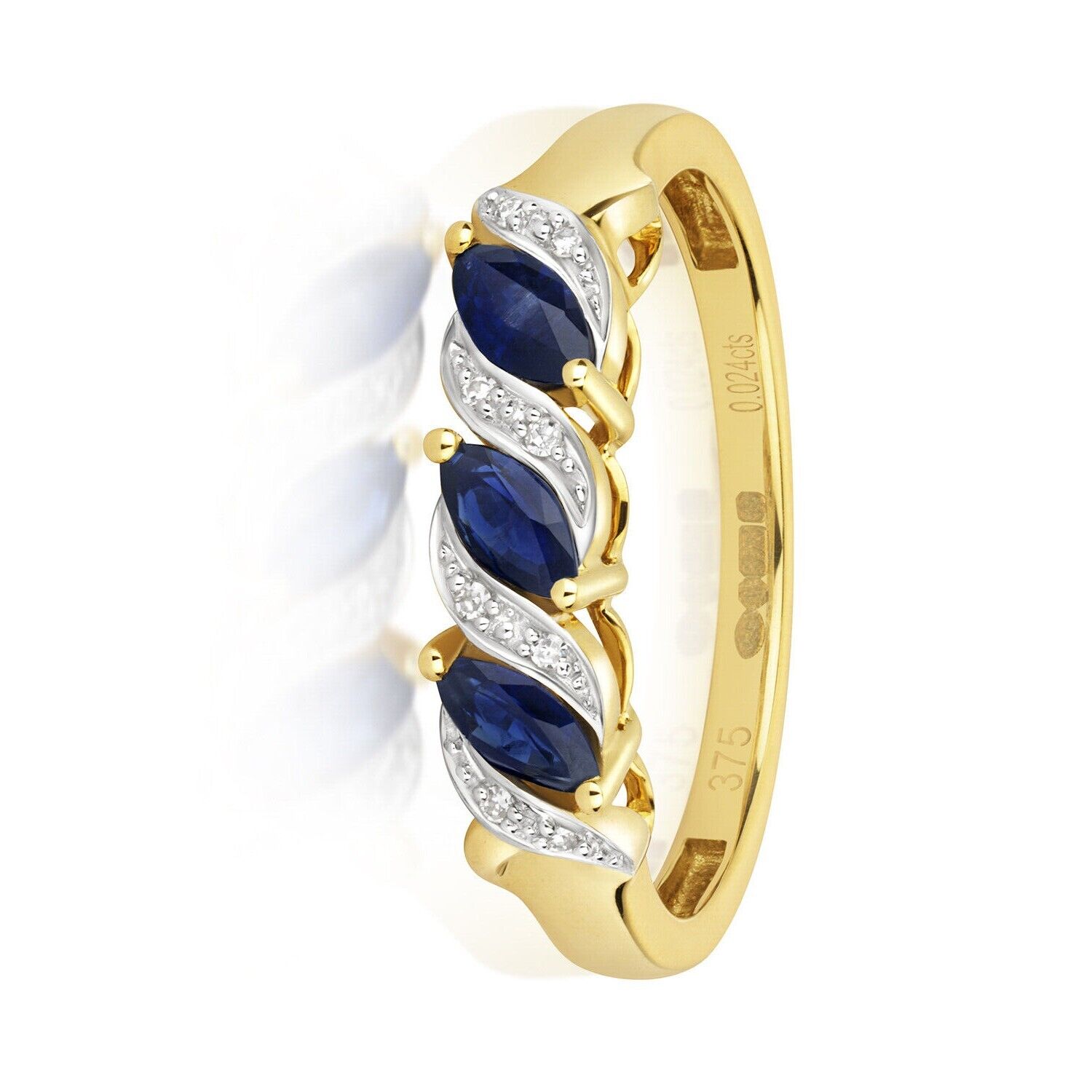 Real Sapphire and Diamond Ring Solid Yellow Gold Marquise Three Stone Size J-Q