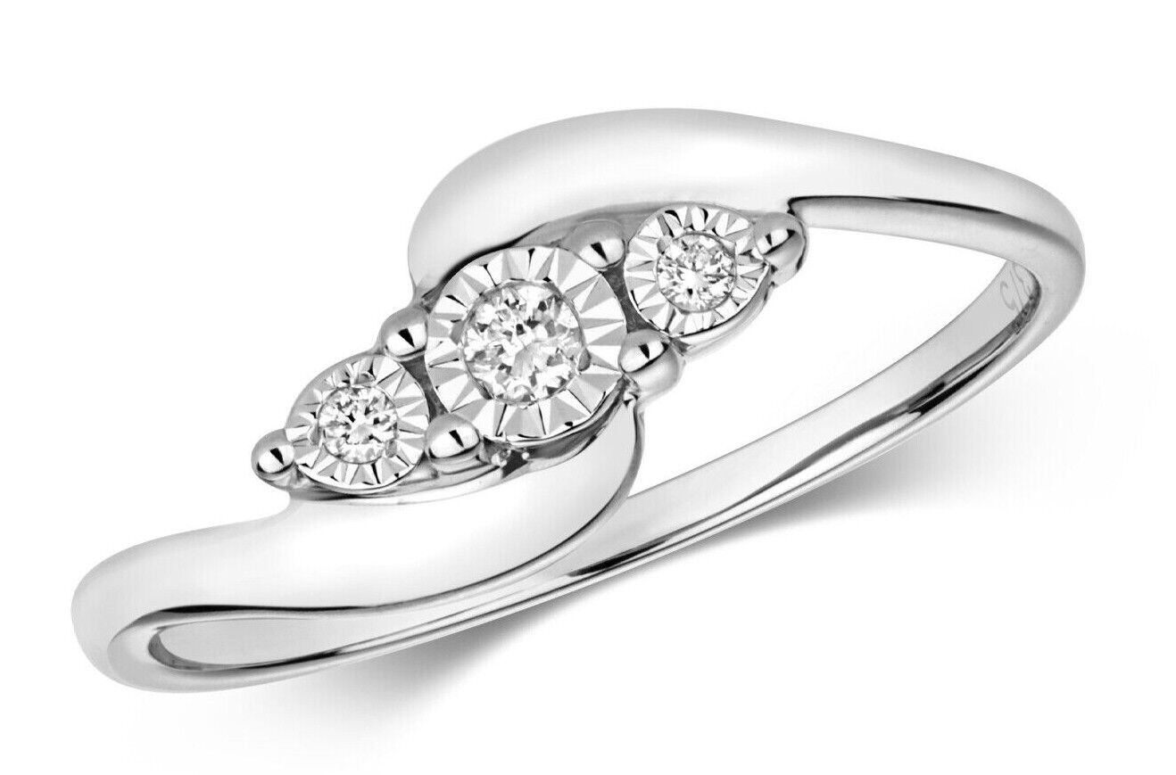 Real Diamond Three Stone Ring Solid White Gold Twist Trilogy Engagement