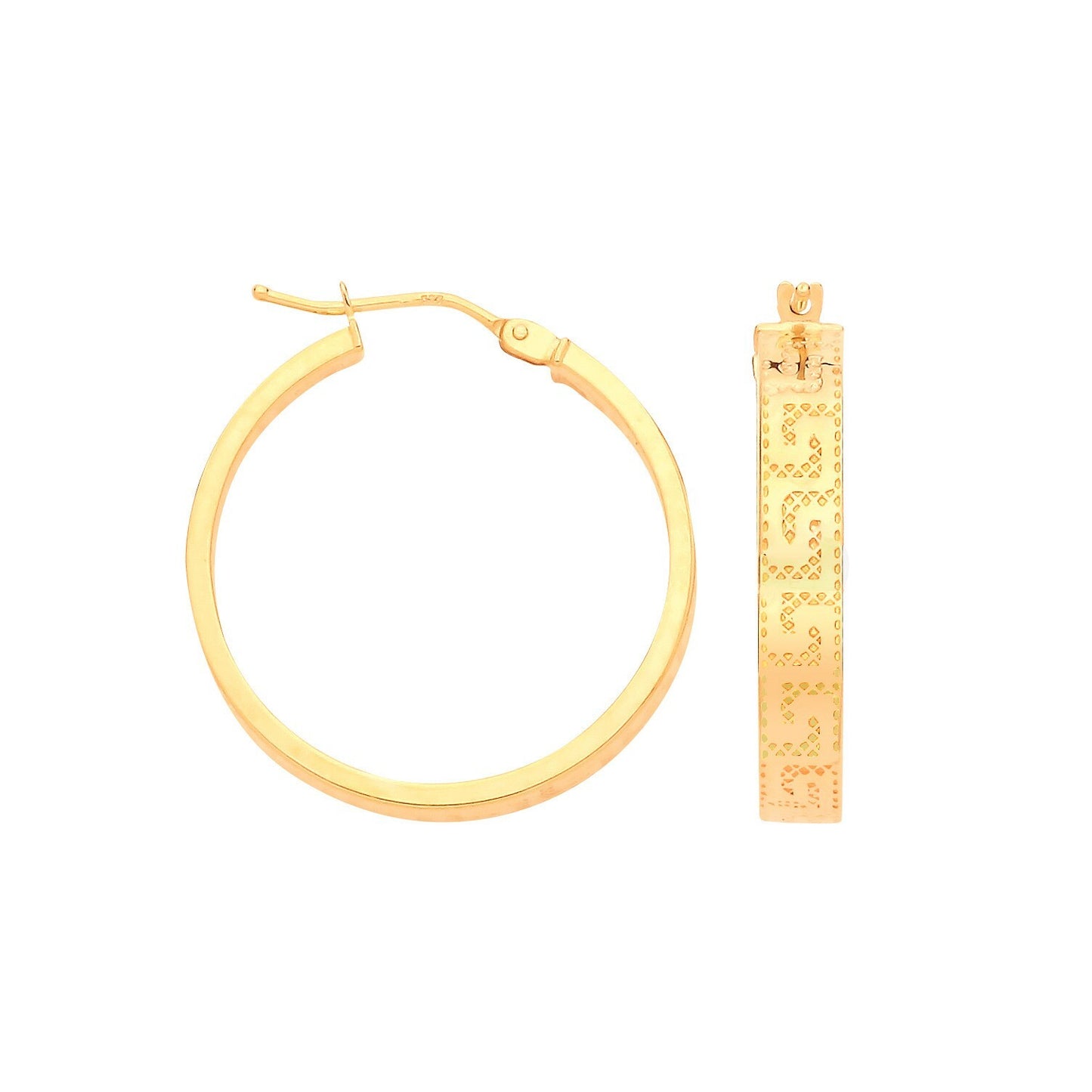Greek Key Hoop Earrings 9ct Yellow Gold Hoops Hallmarked 23mm