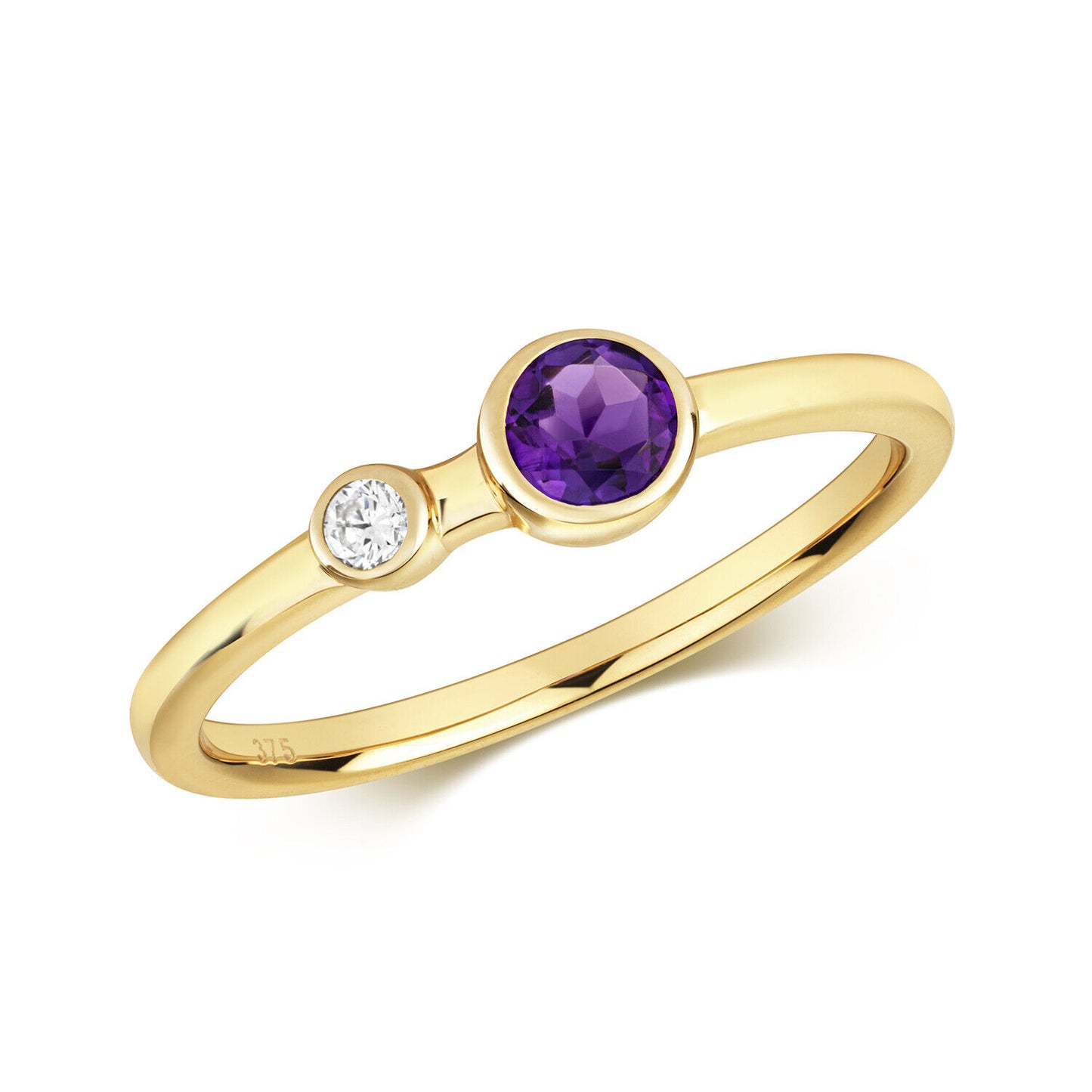 Real Amethyst and Diamond Ring Solid Yellow Gold Elegant Two Stone Ring Size J-Q