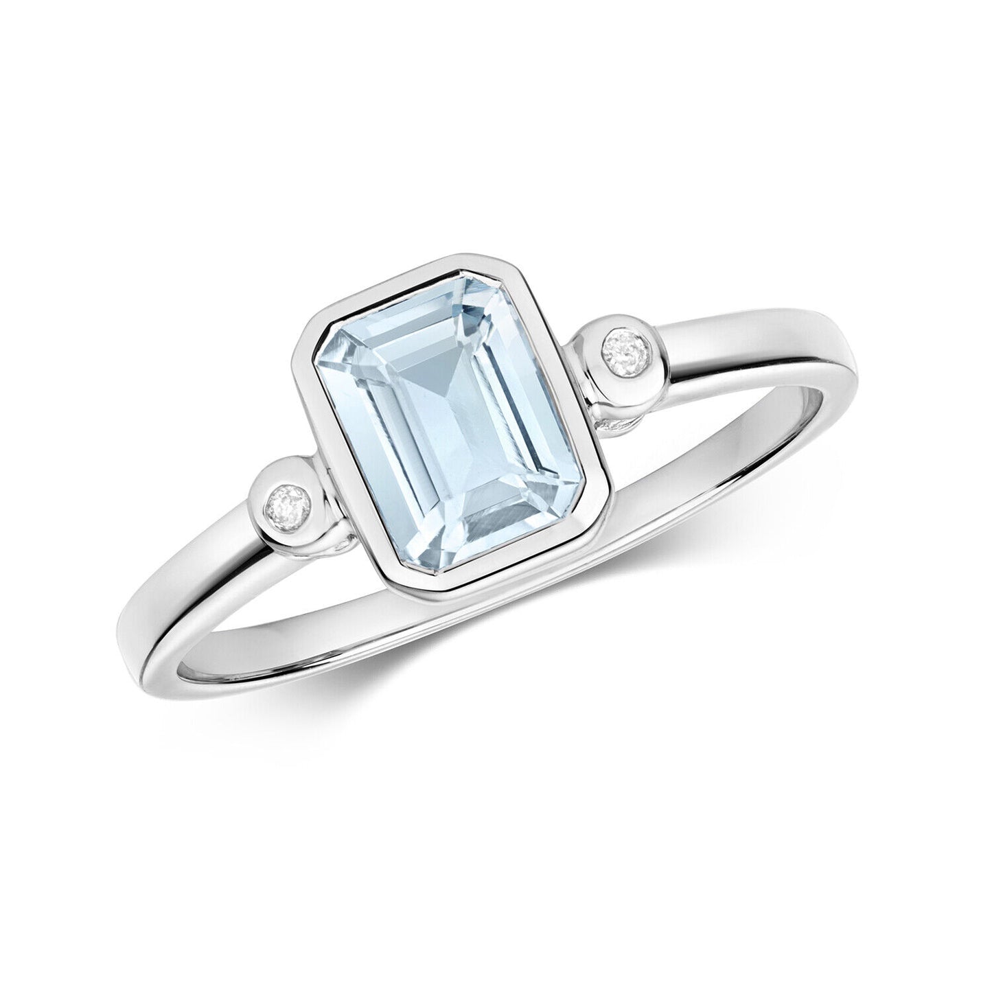 Real Aquamarine and Diamond Ring Solid White Gold Emerald Cut Solitaire Size J-Q