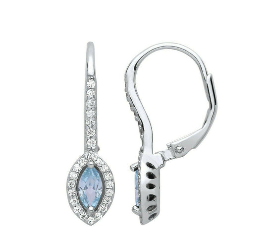 Aquamarine Marquise Hoop Drop Earrings Sterling Silver Rhodium Plate 925 Stamp