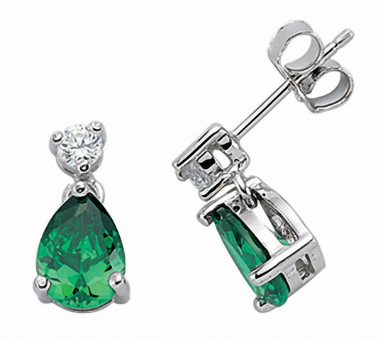 Emerald Pear Drop Earrings Solid Sterling Silver Rhodium Plated 925 Hallmark