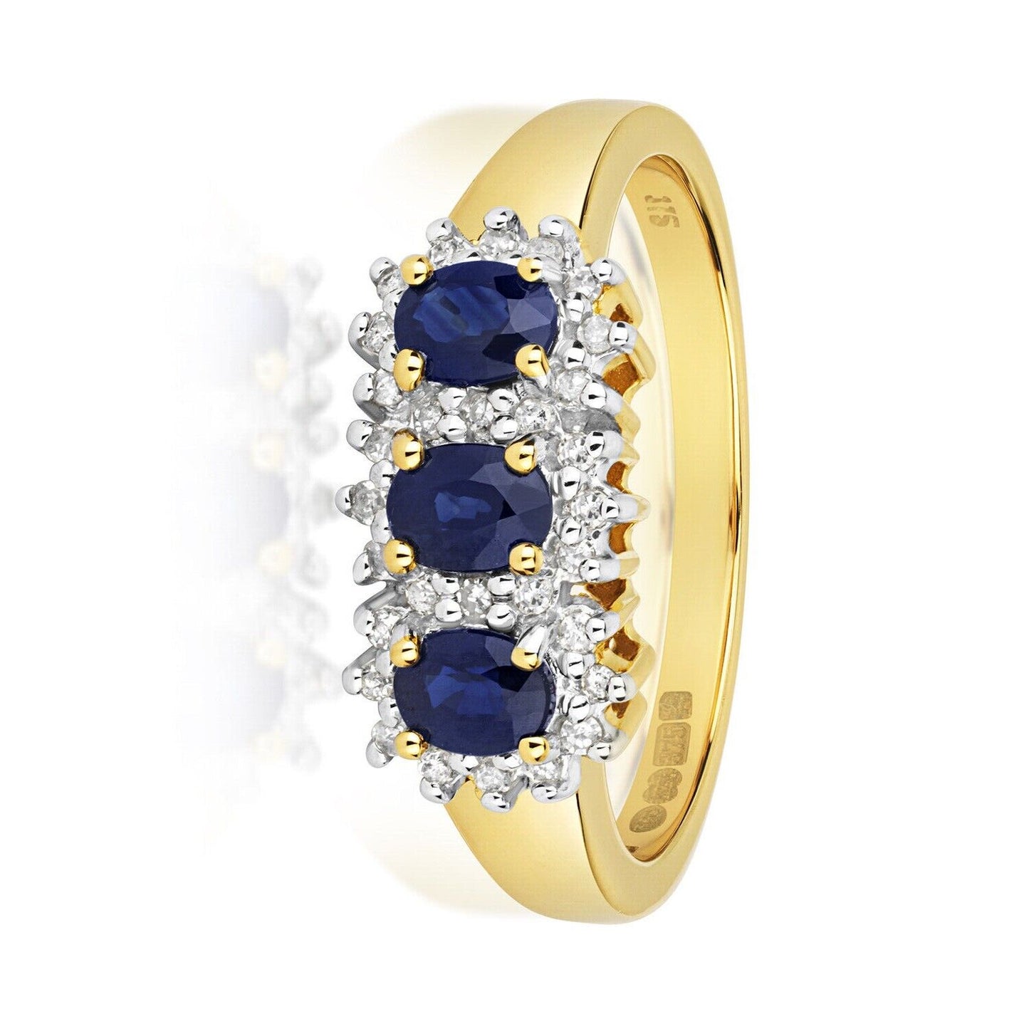 9ct Yellow Gold Sapphire and Diamond Ring Three Stone Cluster Trilogy Size J - Q
