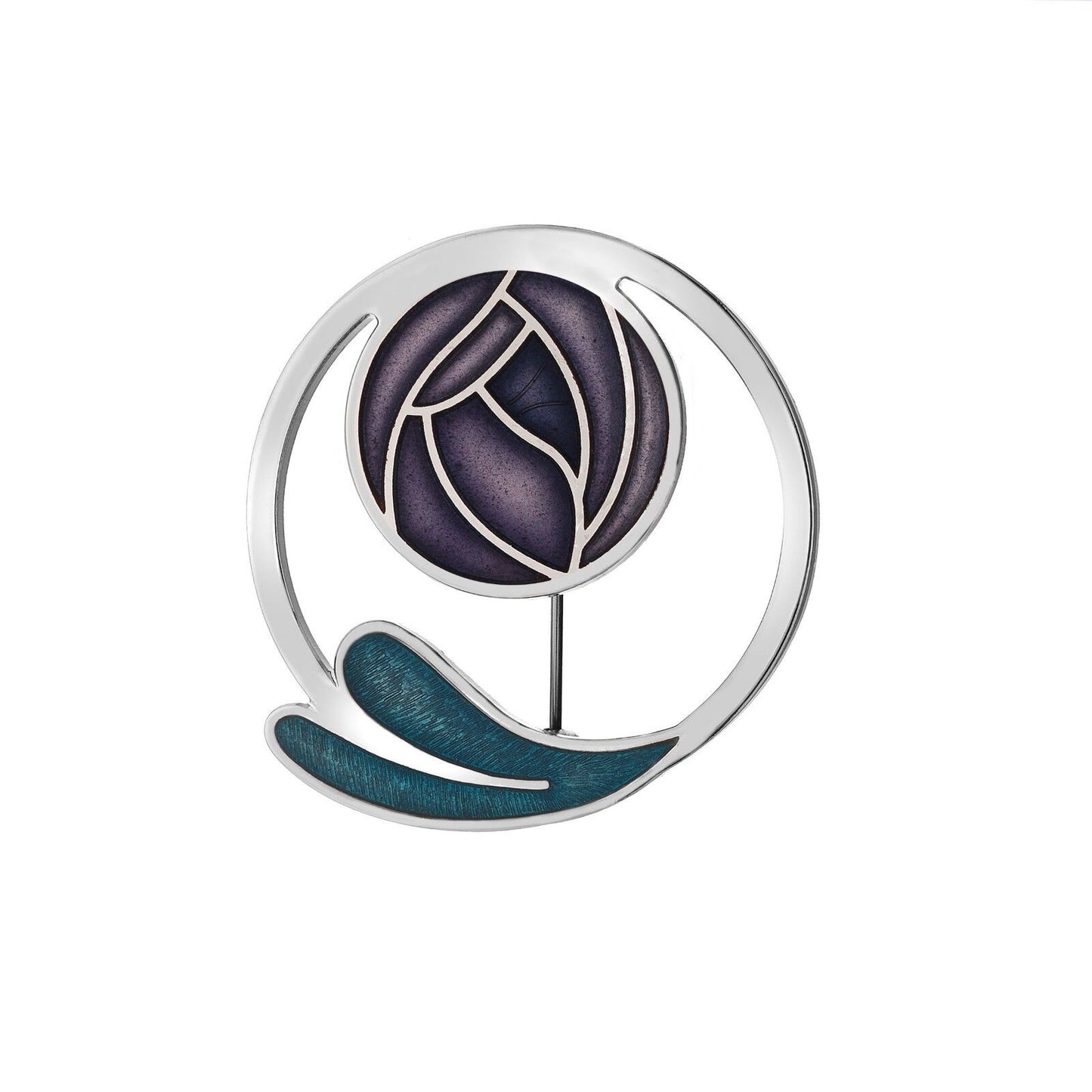 Mackintosh Purple Rose Brooch Coiled Leaf Silver Plated Brand New Gift Packaging