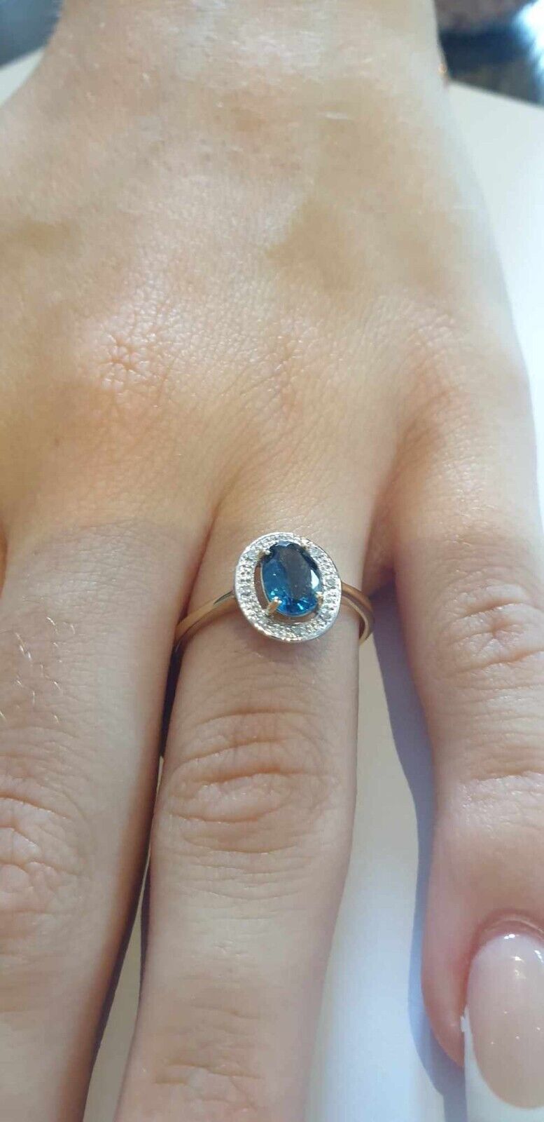 Real London Blue Topaz and Diamond Ring Solid Yellow Gold Oval Halo Size J-Q