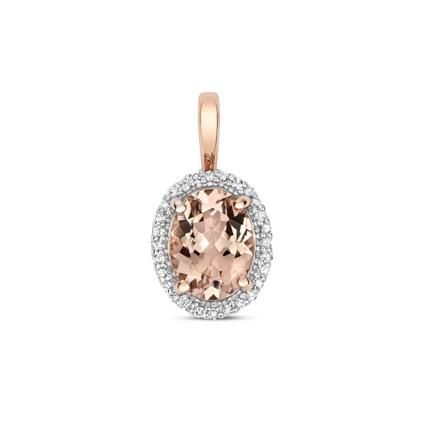 9ct Rose Gold Morganite and Diamond Pendant Oval Halo Cluster Necklace