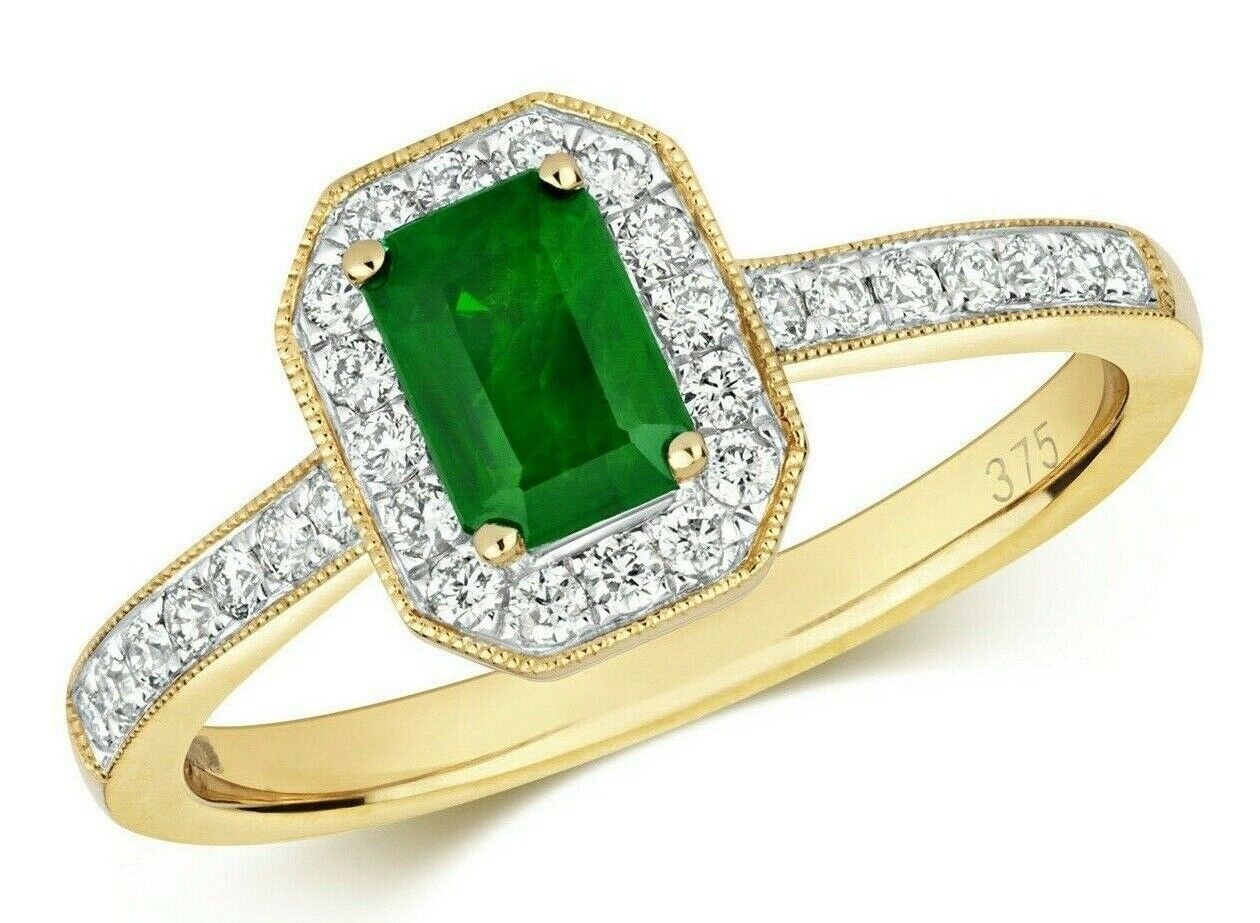 Real Emerald and Diamond Ring 9ct Yellow Gold Octagon Cluster Size J-Q