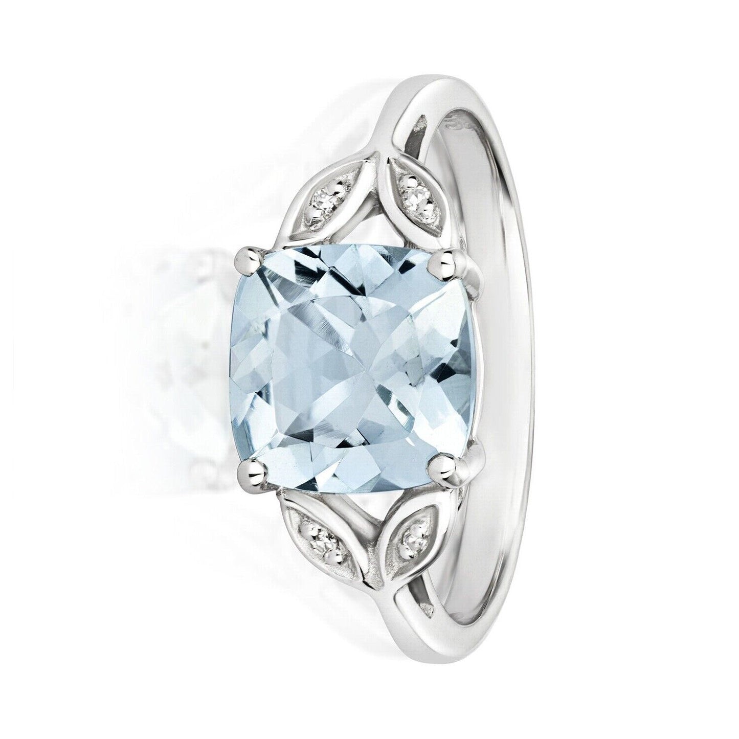 Real Aquamarine and Diamond Ring Solid White Gold Cushion Gem Size JKLMNOPQ