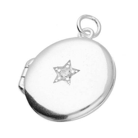 Sterling Silver Round Locket 15mm Star Set Gemstone 925 Hallmark