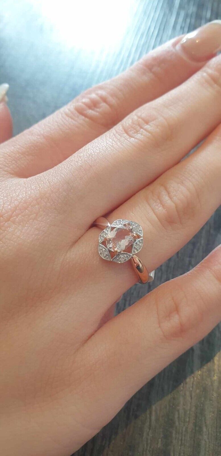 Real Morganite and Diamond Ring Solid Rose Gold Oval Cluster Marquise Size J - Q