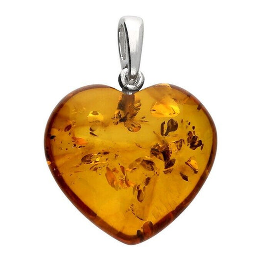 Cognac Amber Heart Pendant Necklace Solid 925 Sterling Silver
