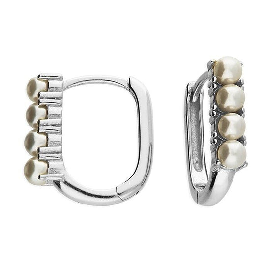 Pearl U-Shaped Huggie Hoop Earrings Solid Sterling Silver 925 15.5 x 13.5mm