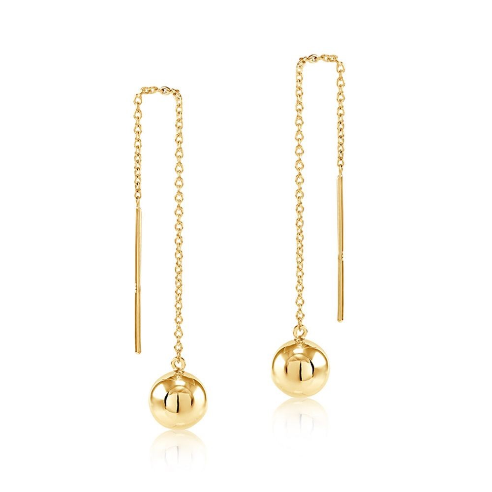 Yellow Gold Chain Threader Ball Earrings 9ct Pull Through Drops Hallmarked