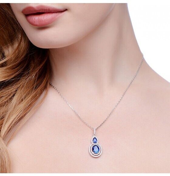 Sapphire Micro Pave Pendant Solid Sterling Silver 16-18" Chain Luxury Packaging