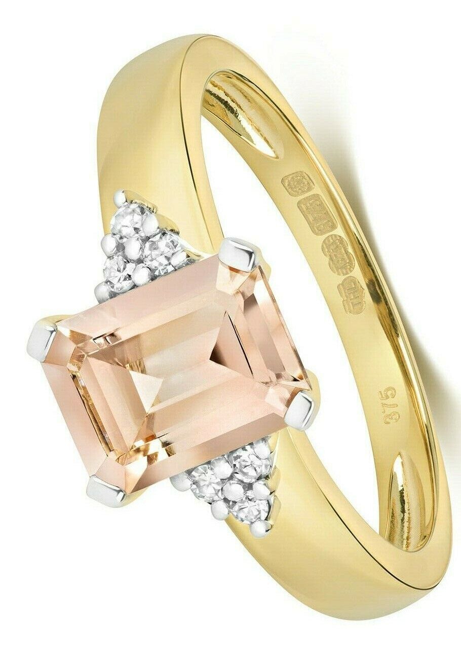 Real Morganite and Diamond Ring 9ct Yellow Gold Emerald Cut Solitaire Size J - Q