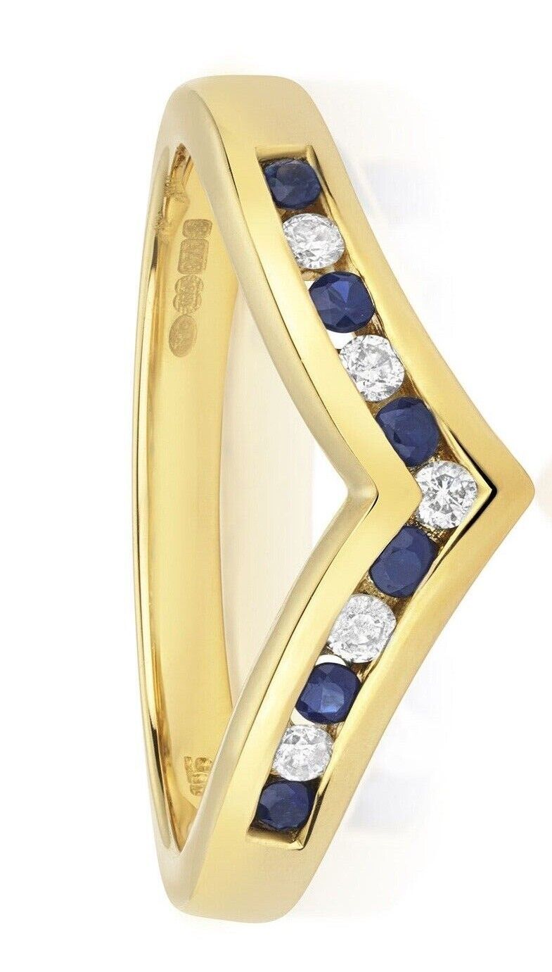 Real Sapphire and Diamond Wishbone Ring Solid Yellow Gold Eternity Band Size J-Q