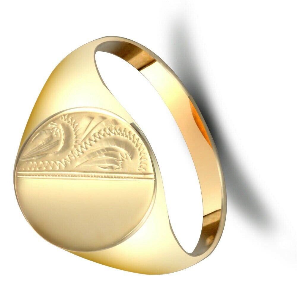 9ct Yellow Gold Gents Oval Siget Ring Half Engraved Fully Hallmarked