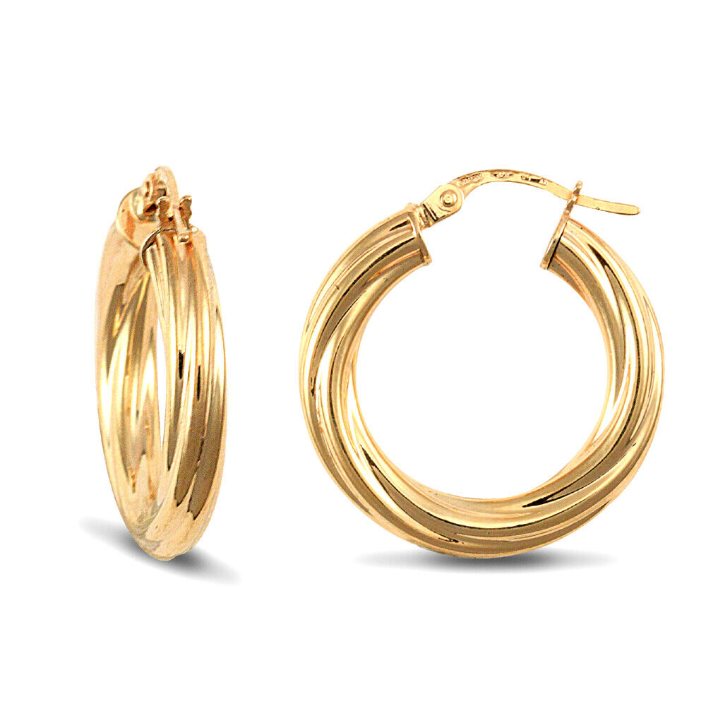 9ct Yellow Gold Hoop Twist Style Earrings British Made Hallmarked 22mm