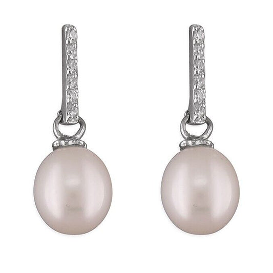 Freshwater Pearl Drop Earrings on Cubic Zirconia Bar Solid Sterling Silver 925