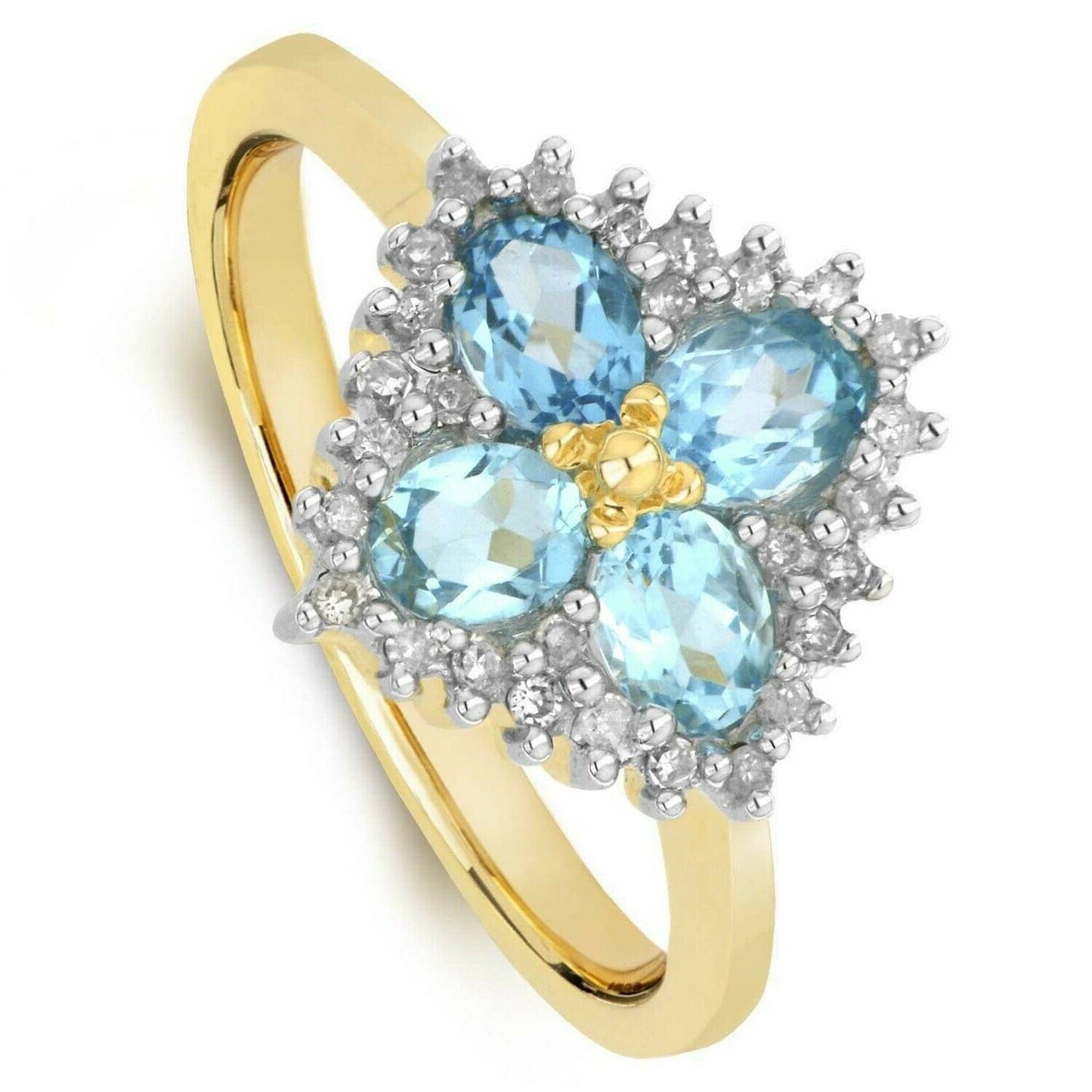 Real Blue Topaz and Diamond Ring Solid Yellow Gold Square Cluster Size JKLMNOPQ