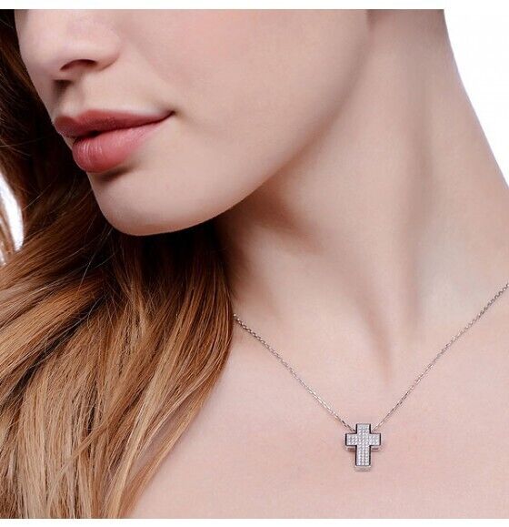 Pave Cross With Chain Solid Sterling Silver 925 Luxurious Packaging