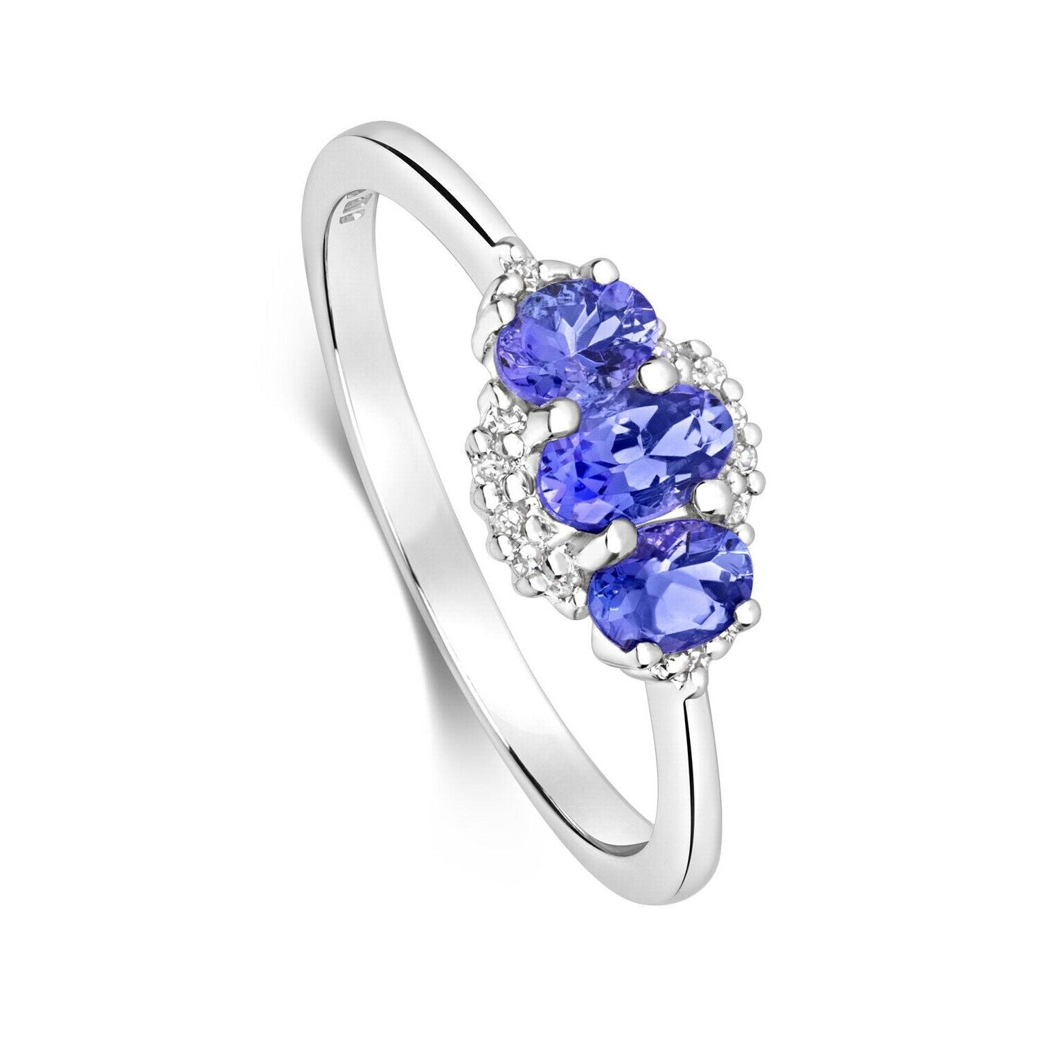 Real Tanzanite and Diamond Ring Solid White Gold Oval Three Stone Size J - Q