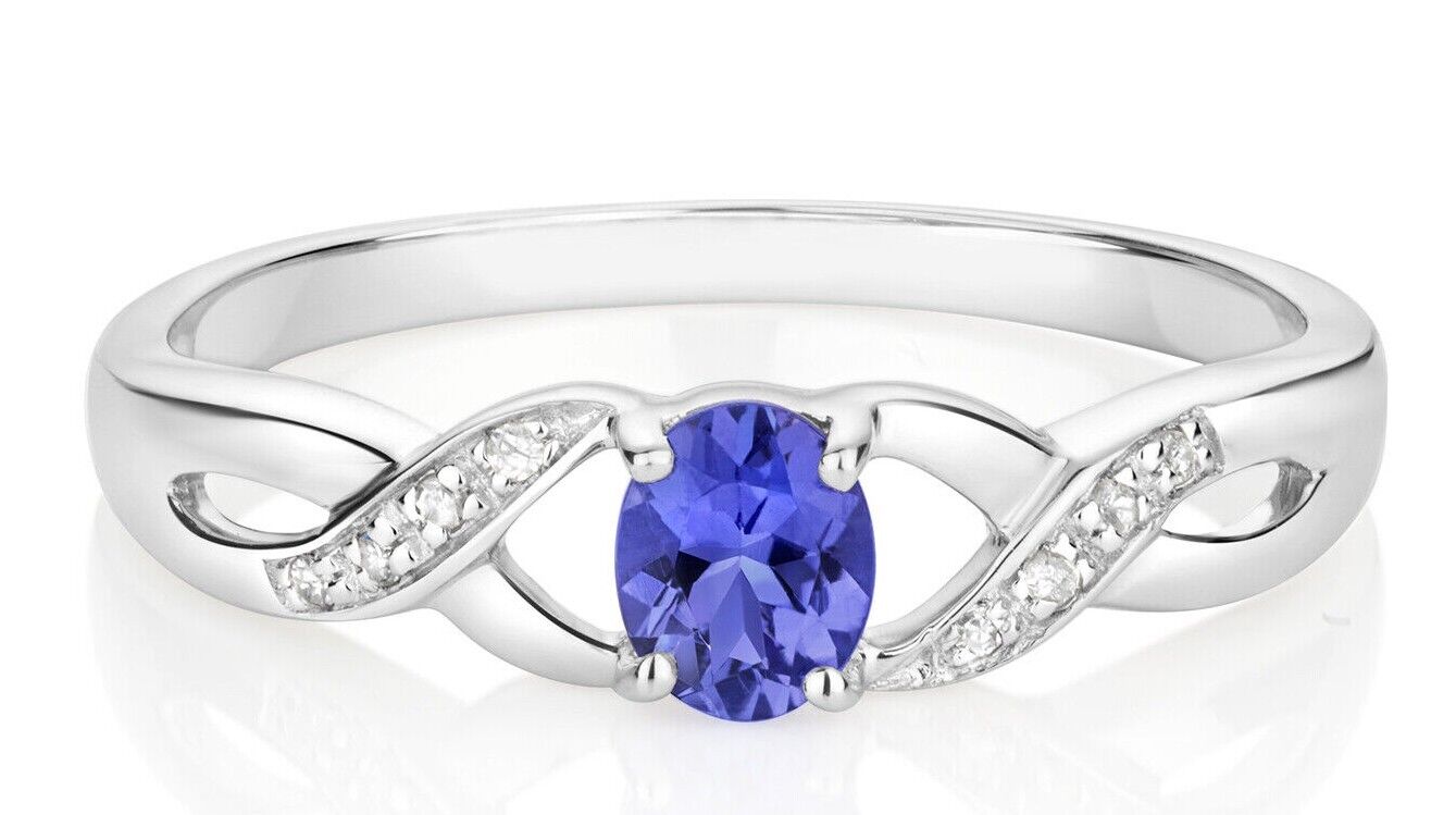 Real Tanzanite and Diamond Ring Solid White Gold Oval Twist Solitaire Size J - Q