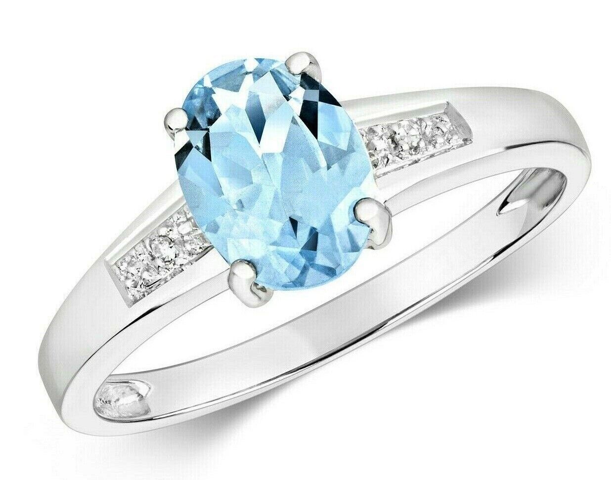 Real Aquamarine and Diamond Ring Solid White Gold Oval Solitaire Size J - Q
