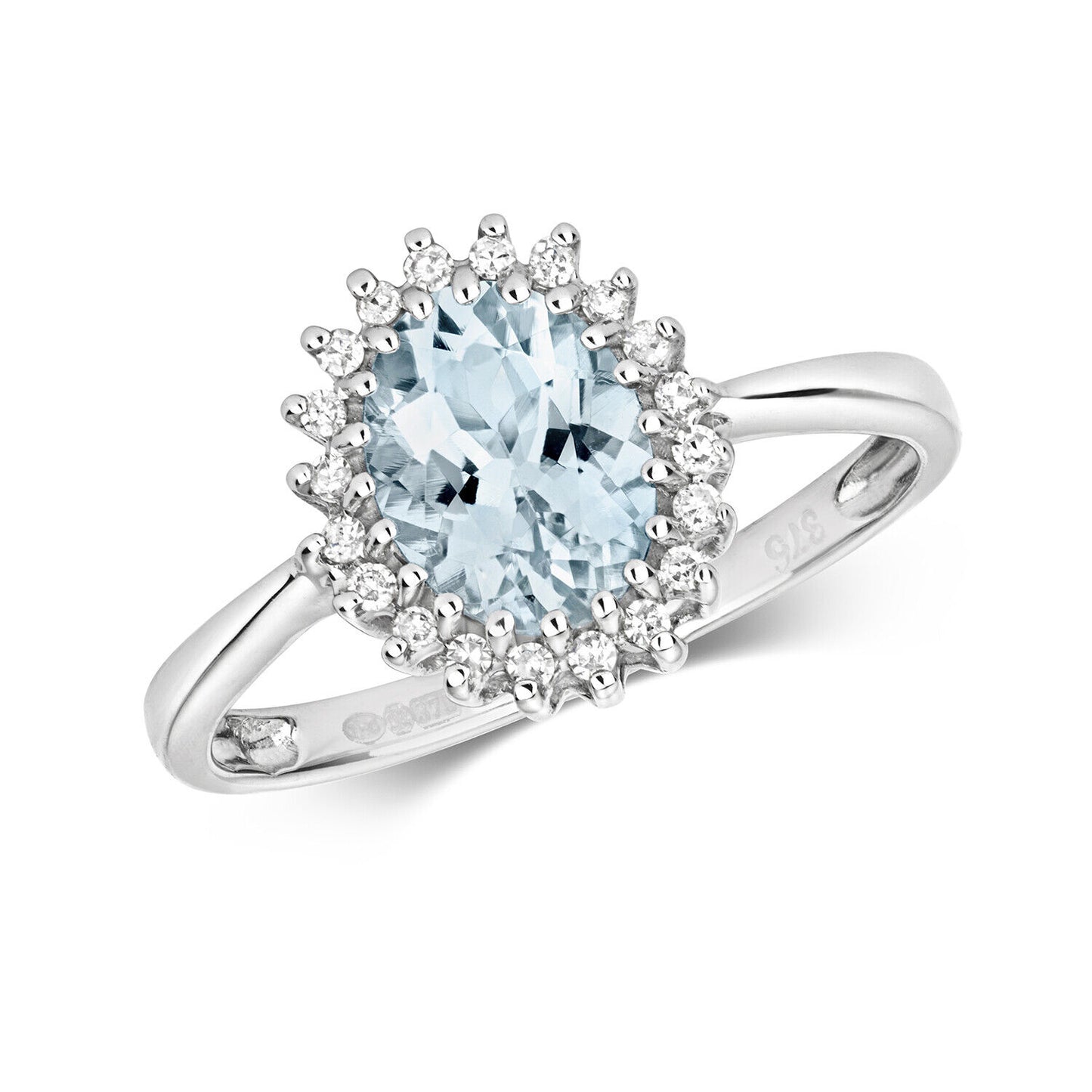 Real Aquamarine and Diamond Ring Solid White Gold Cluster Engagement Size J - Q