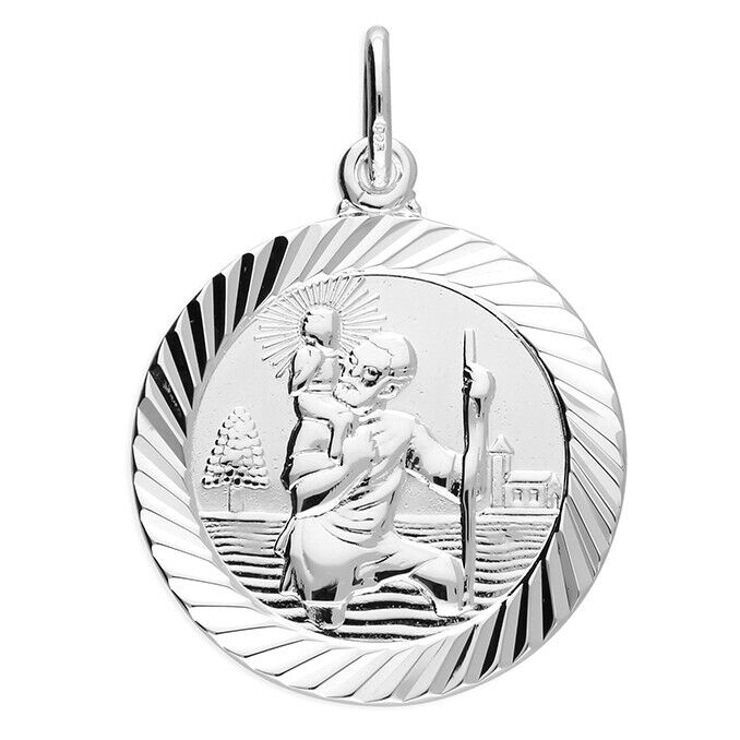 Large Round St Christopher Pendant Travel Design Necklace 925 Sterling Silver