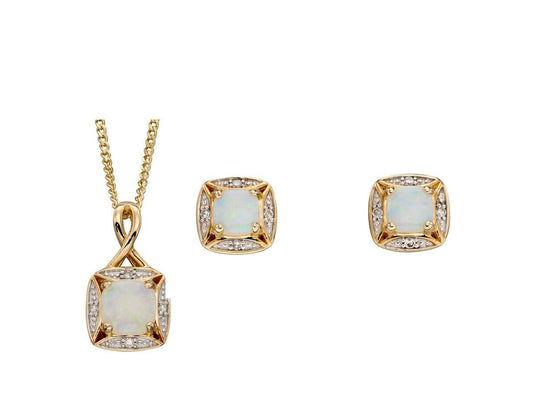 Real Opal and Diamond Set Yellow Gold Pendant Earrings 16 18 or 20" Chain