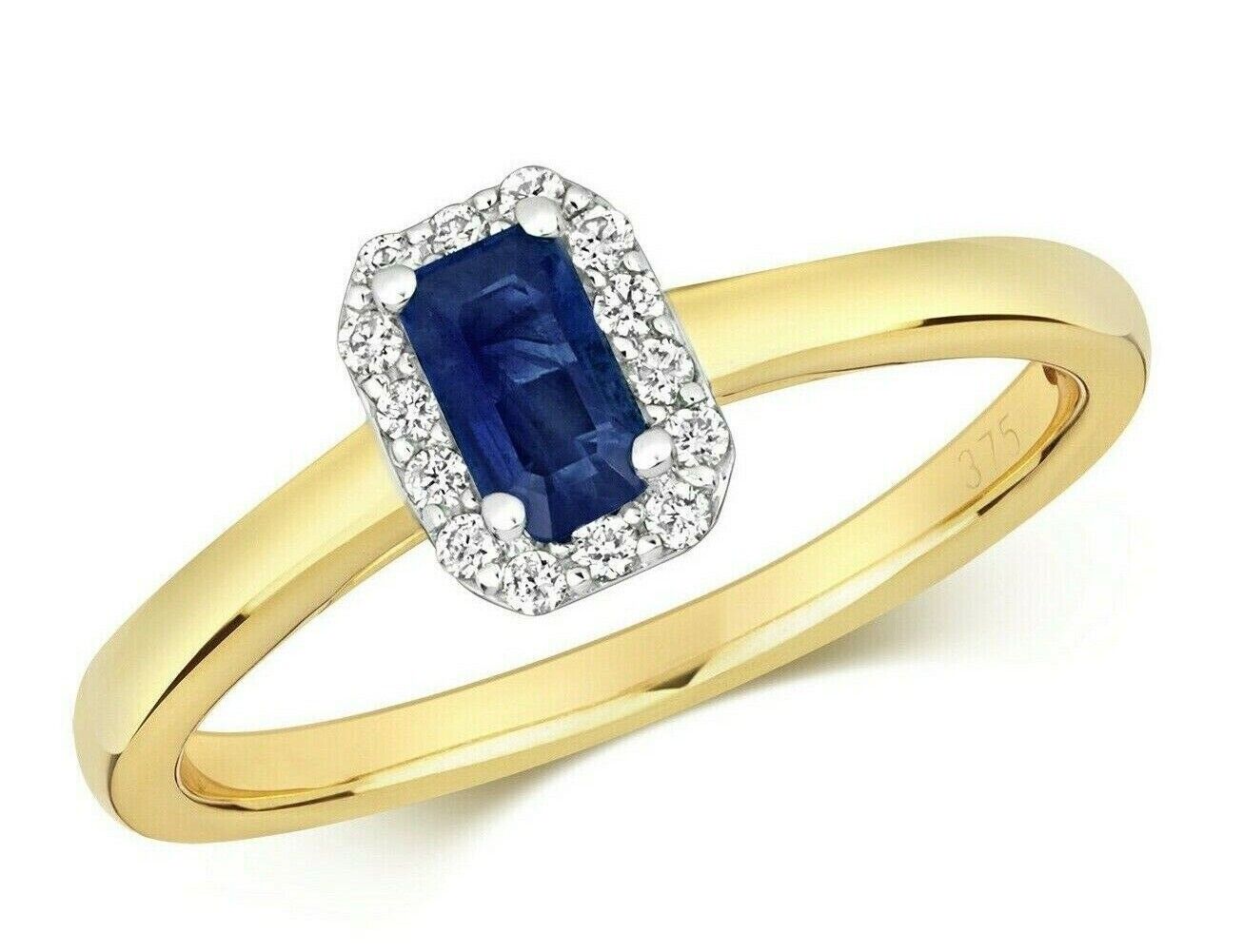 9ct Yellow Gold Sapphire and Diamond Ring Emerald Cut Cluster Size J - Q