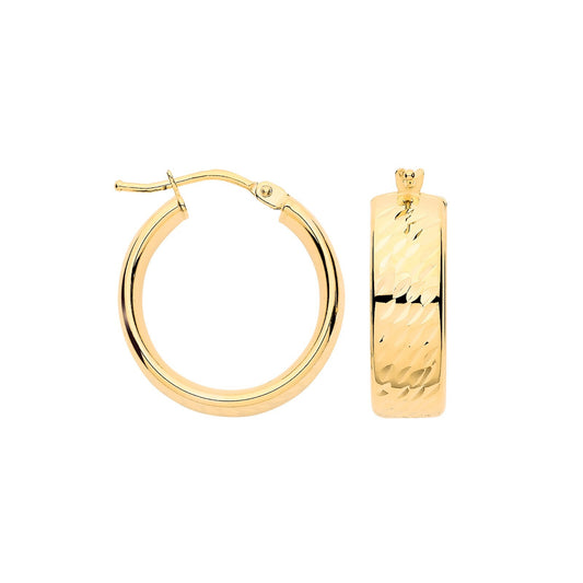 Yellow Gold Wide Hoop Earrings Diamond Cut 18mm Hoops Hallmarked