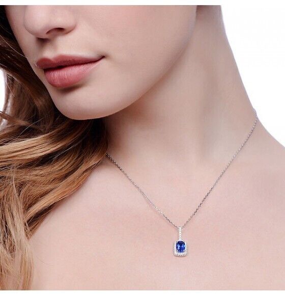Sapphire Rectangular Drop Pendant Sterling Silver 16-18" Chain Luxury Packaging