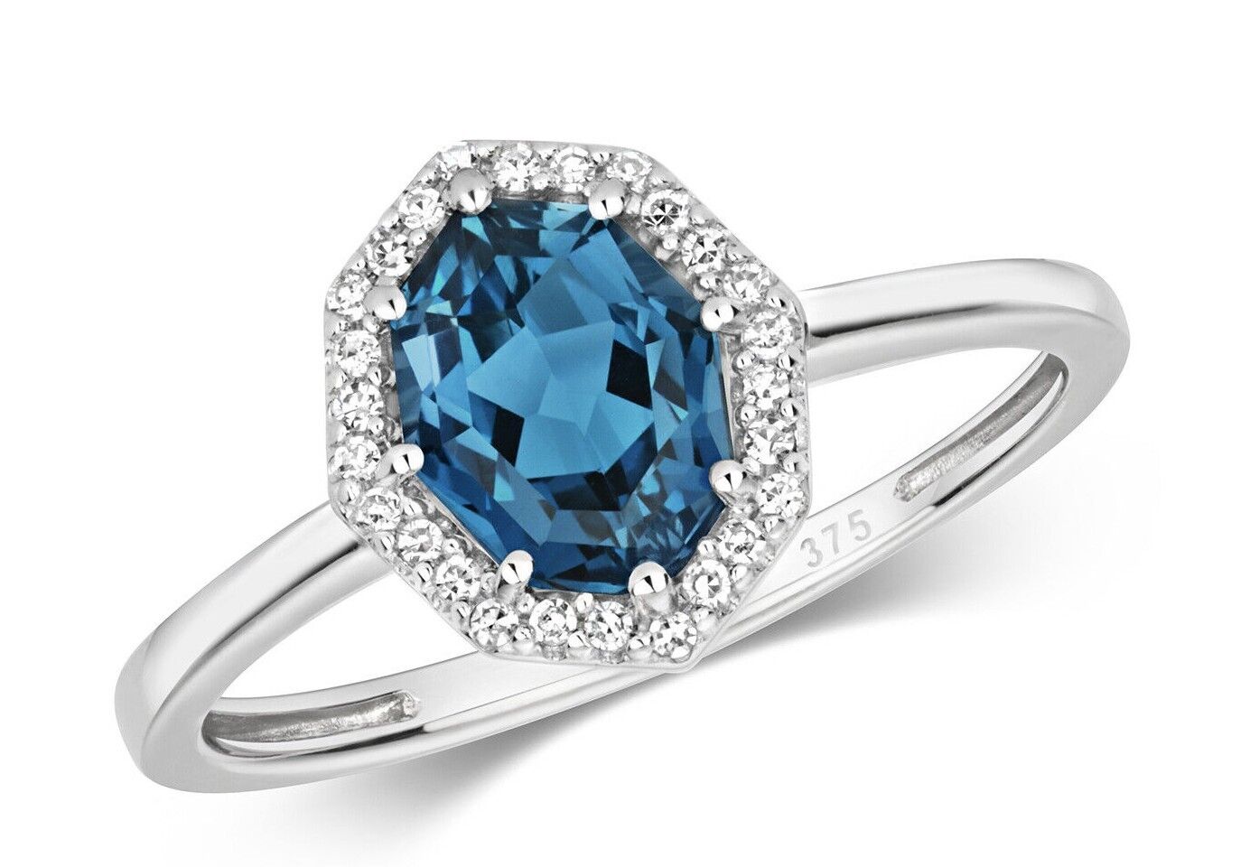 Real London Blue Topaz and Diamond Ring Solid White Gold Octagon Cluster