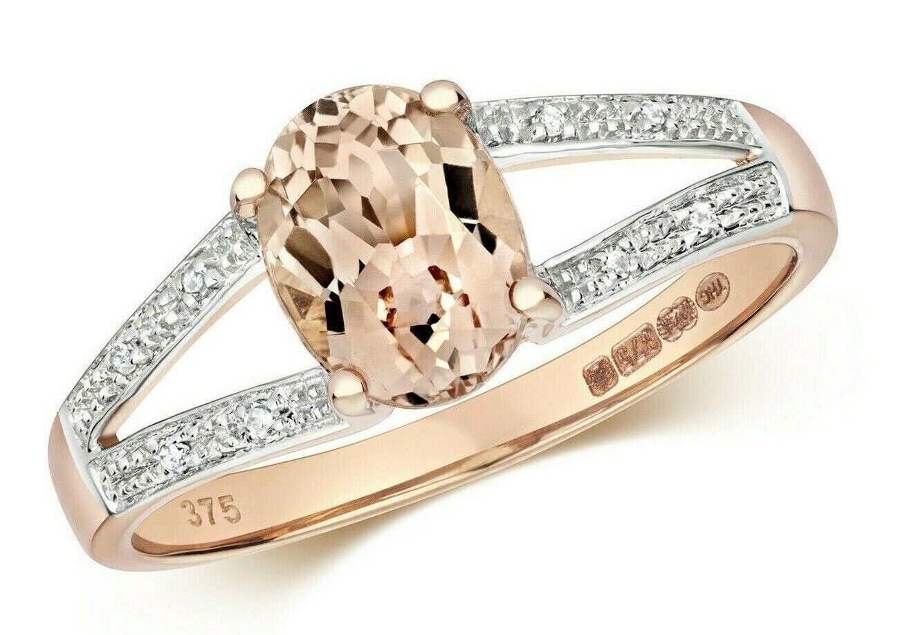 Real Morganite and Diamond Ring Solid Rose Gold Split Shoulder Size J-Q