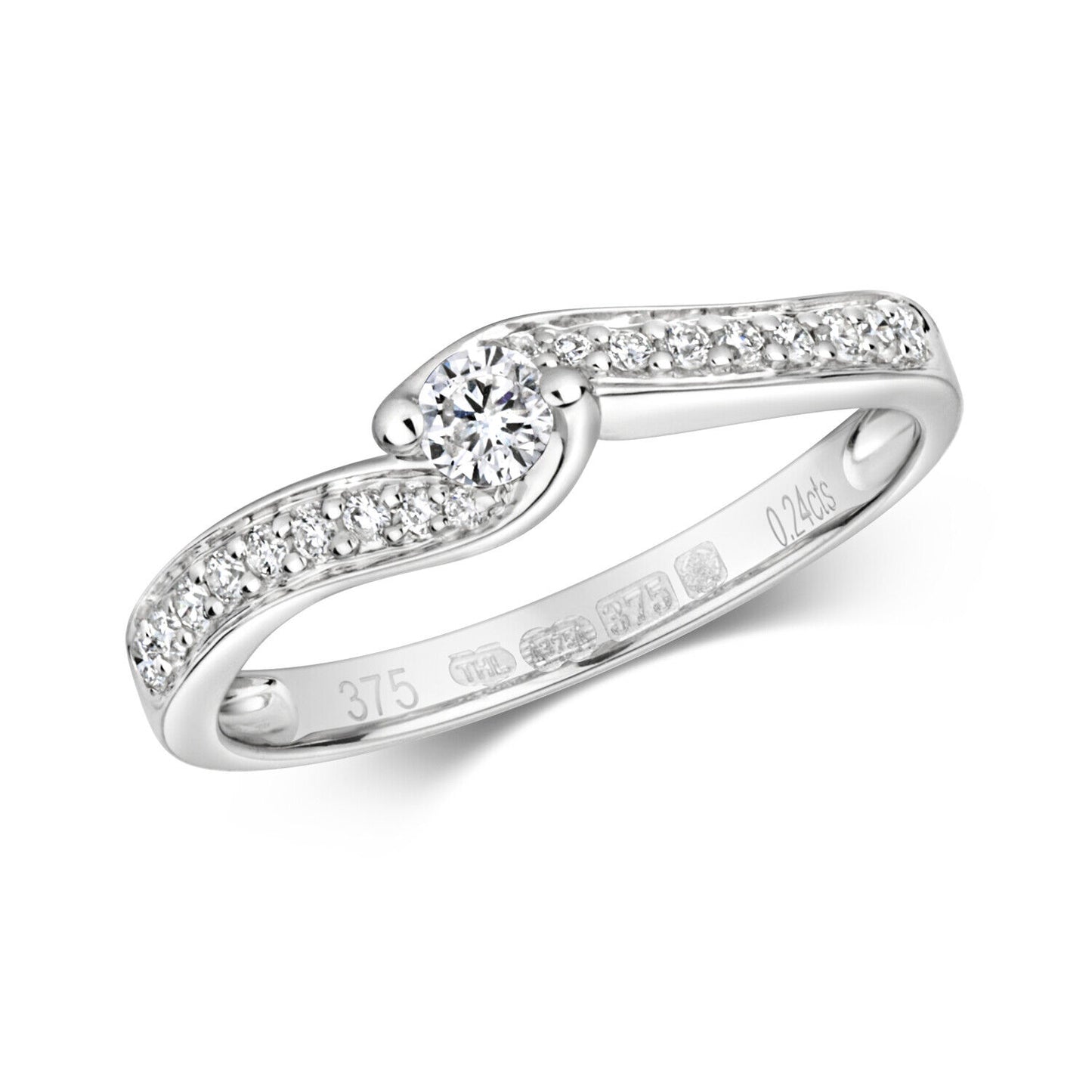 Real Diamond Twist Solitaire Ring 9ct White Gold Engagement Size J - Q