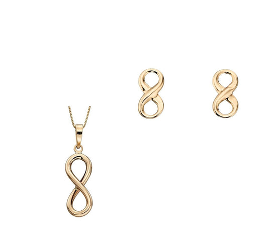 Infinity Pendant and Earrings Set 9ct Yellow Gold 16, 18 or 20" Chain Hallmarked