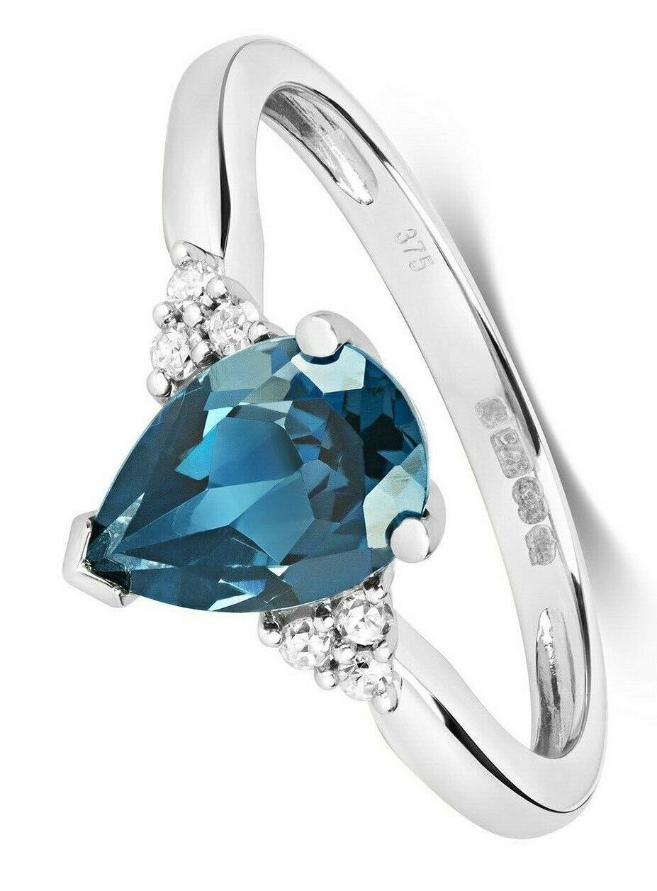 9ct White Gold London Blue Topaz and Diamond Ring Pear Solitaire Size J - Q