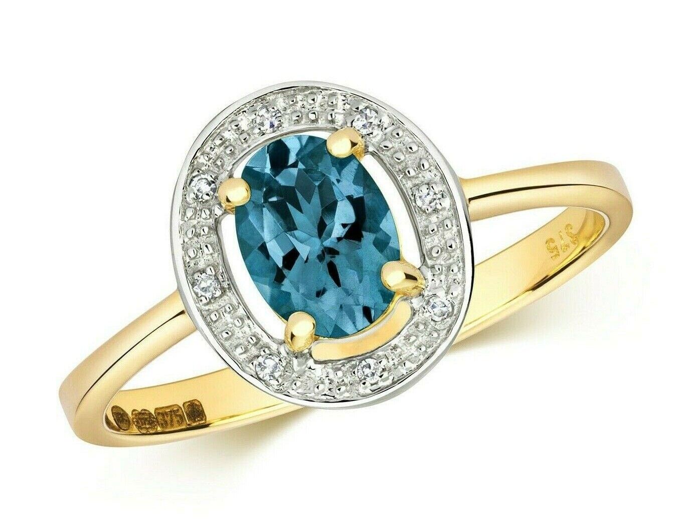 Real London Blue Topaz and Diamond Ring Solid Yellow Gold Oval Halo Size J-Q
