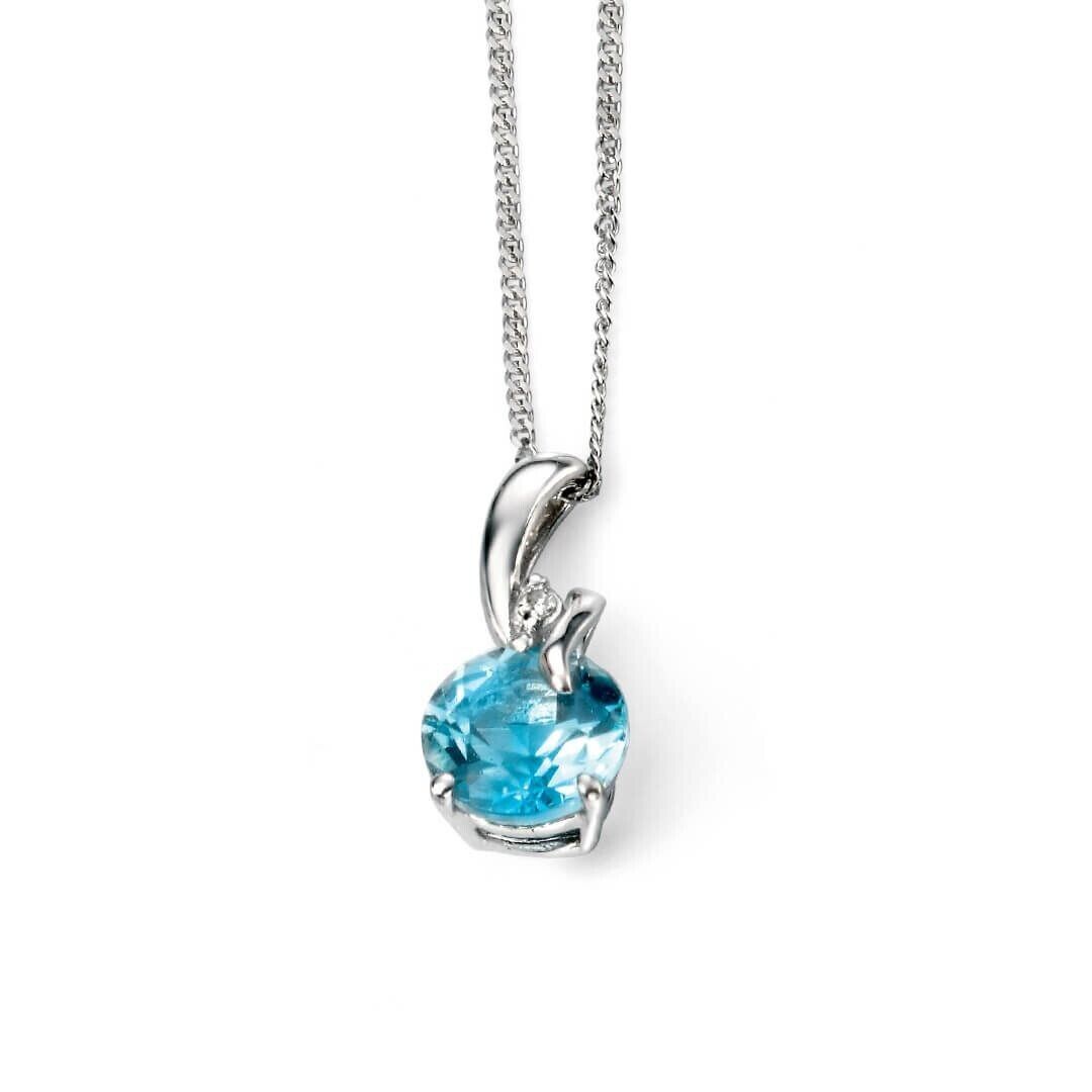 Blue Topaz and Diamond Pendant Earrings Set Solid White Gold 16, 18, or 20"Chain