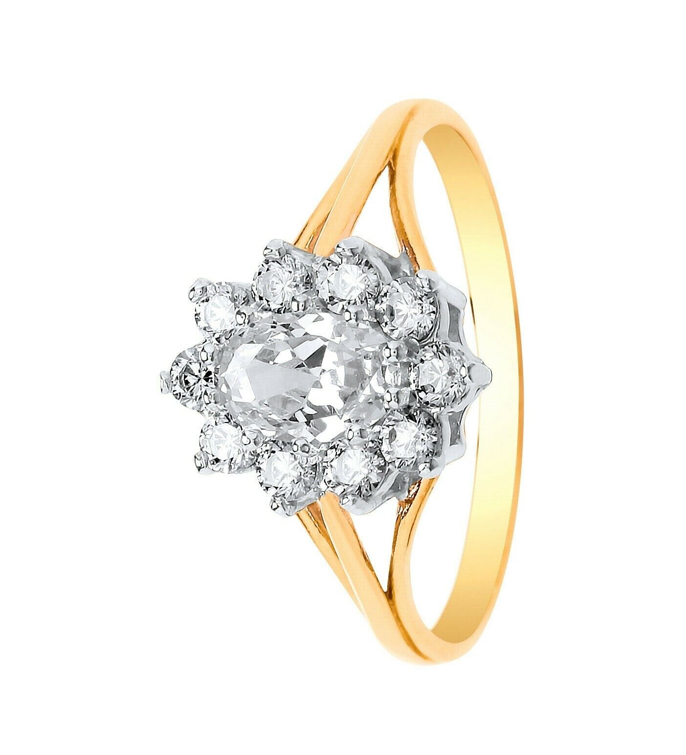 White Topaz Cluster Engagement Ring Solid Yellow Gold Hallmarked British Made
