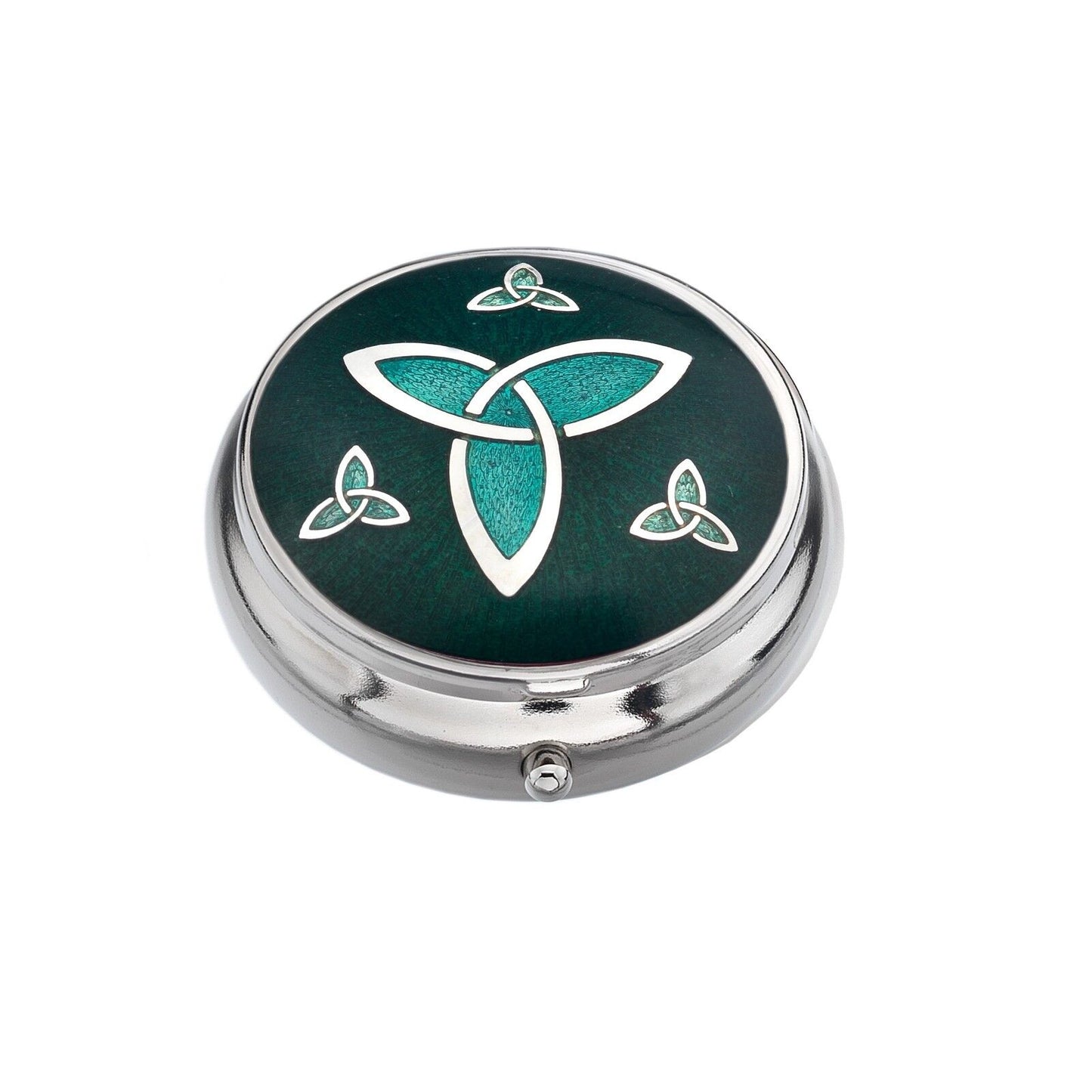 Pillbox Silver Plated Celtic Trinity Design Green Brand New and Boxed