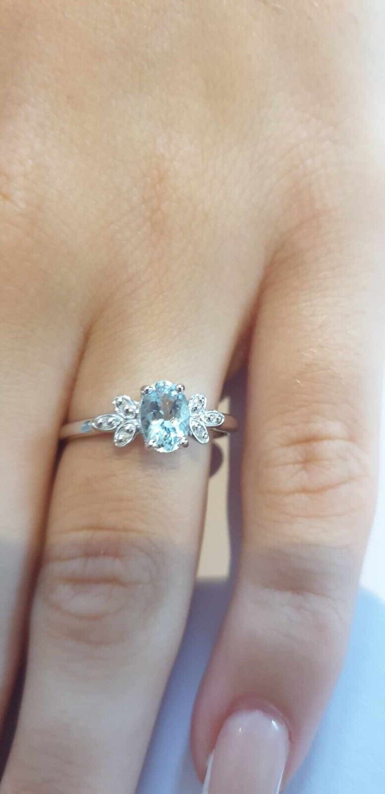 Aquamarine and Diamond Ring Leaf Design Shoulders 9ct White Gold Size J - Q